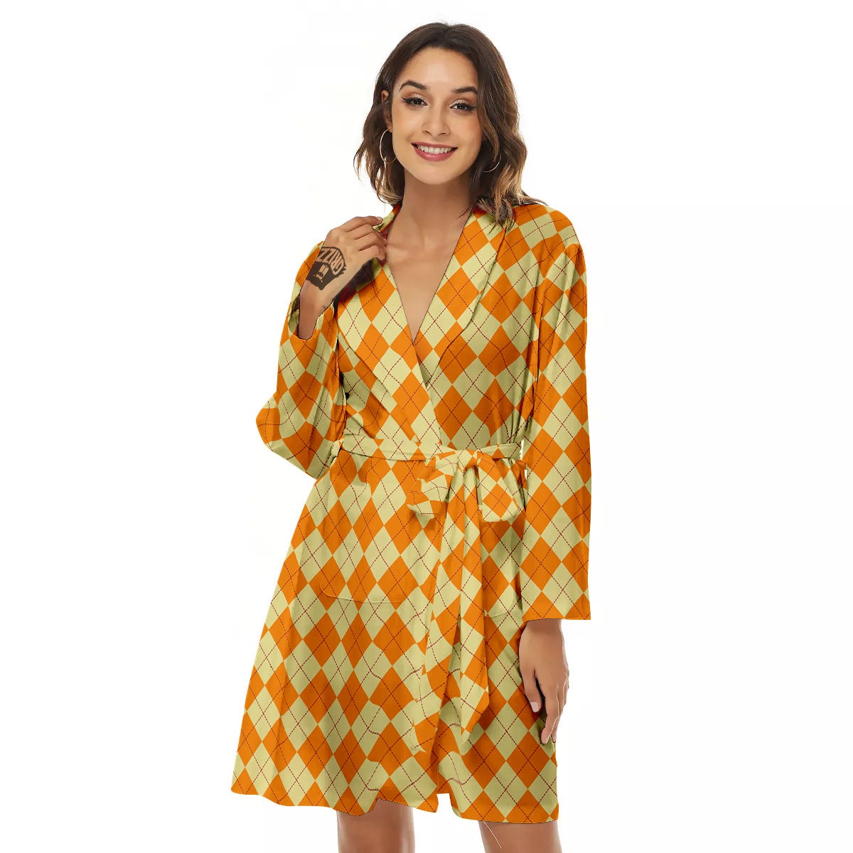 Argyle Orange Print Pattern Women's Robe-grizzshop