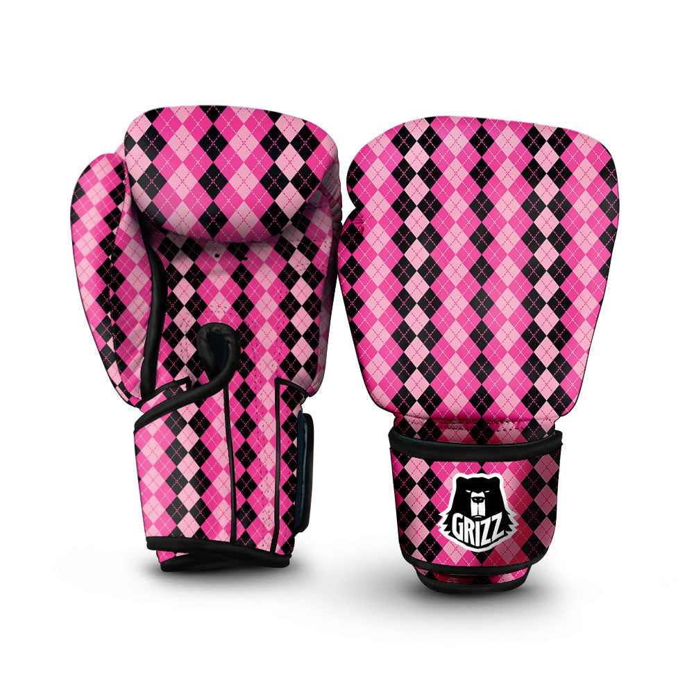 Argyle Pink And Black Print Pattern Boxing Gloves-grizzshop