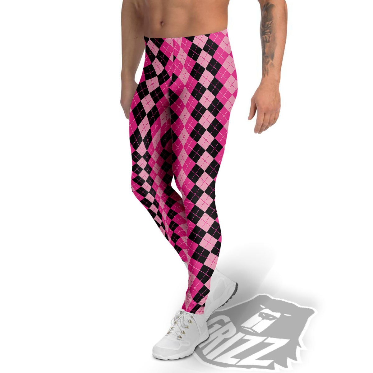 Argyle Pink And Black Print Pattern Men's Leggings-grizzshop