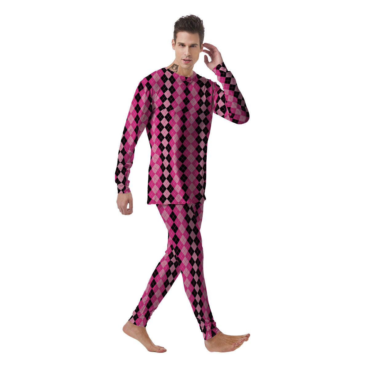 Argyle Pink And Black Print Pattern Men's Pajamas-grizzshop