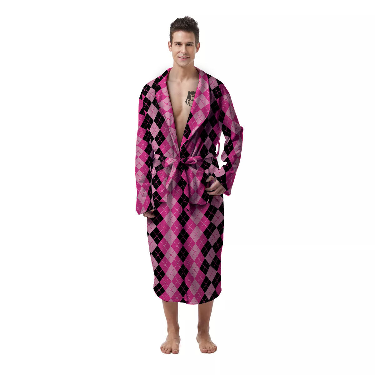 Argyle Pink And Black Print Pattern Men's Robe-grizzshop