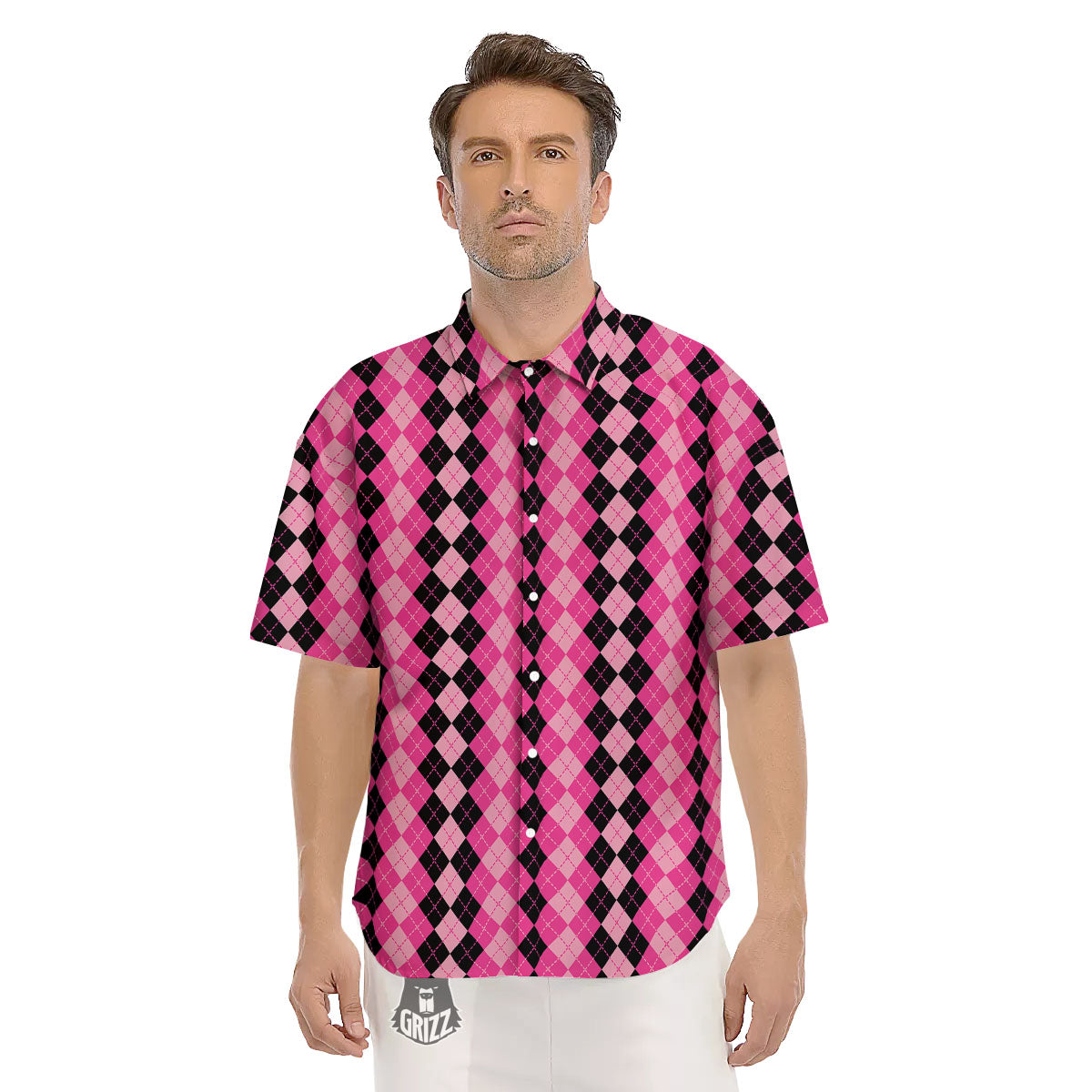 Argyle Pink And Black Print Pattern Men's Short Sleeve Shirts-grizzshop