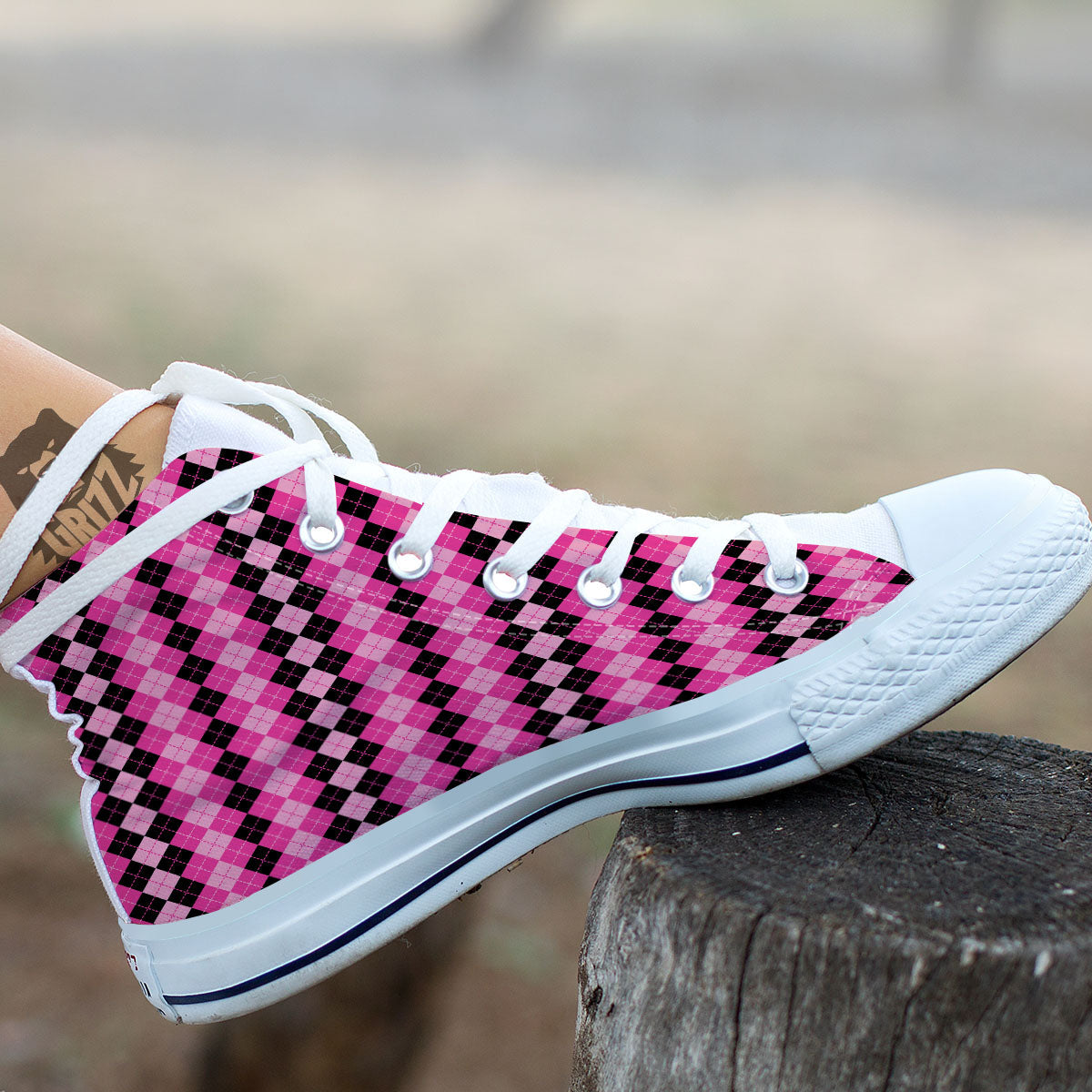 Argyle Pink And Black Print Pattern White High Top Shoes-grizzshop