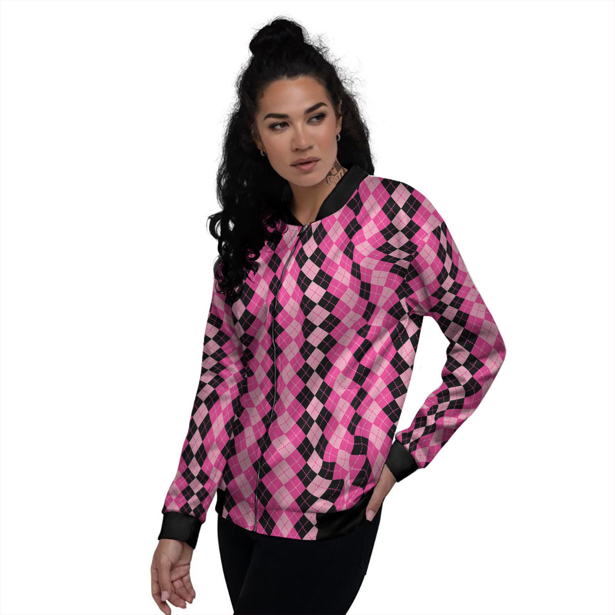 Argyle Pink And Black Print Pattern Women's Bomber Jacket-grizzshop