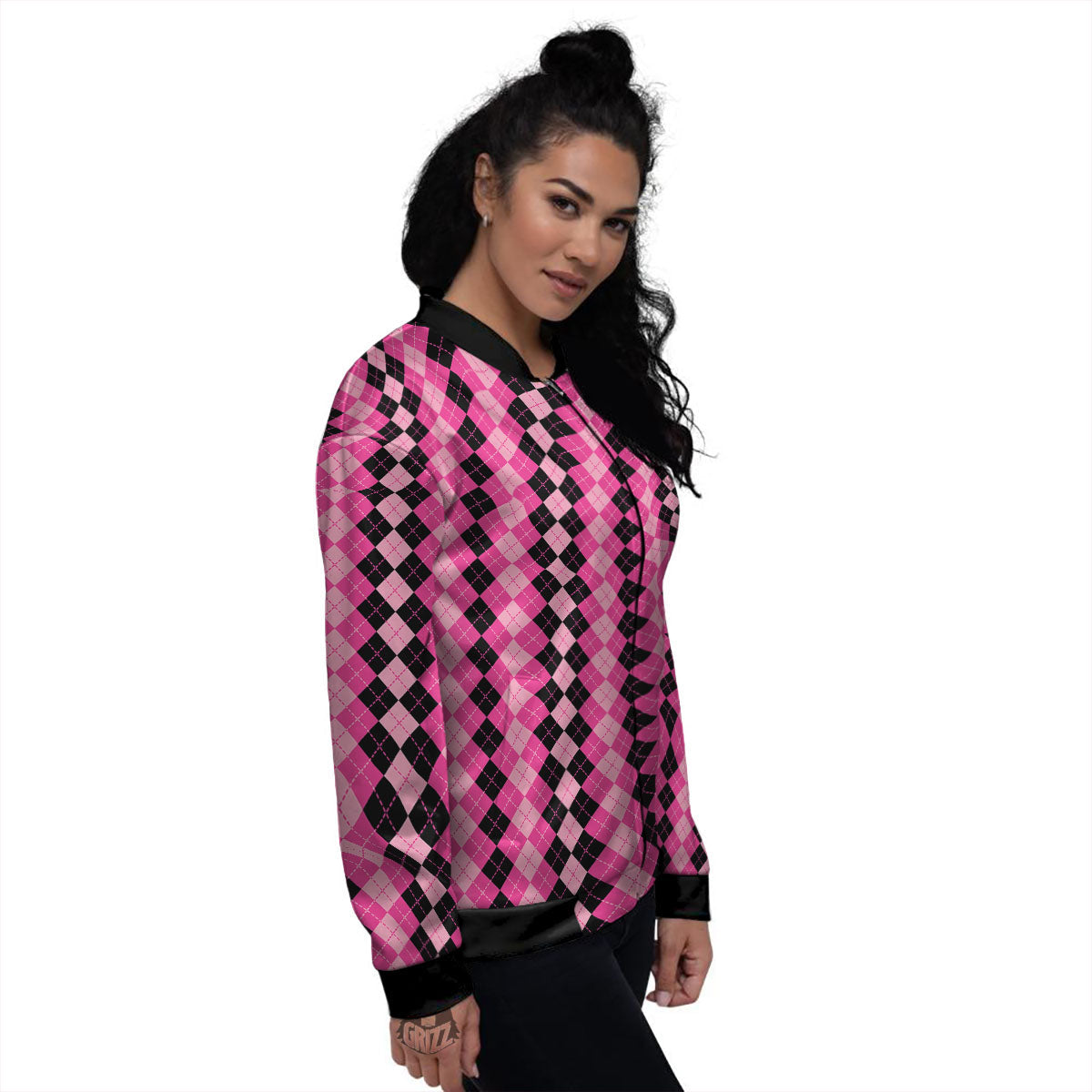 Argyle Pink And Black Print Pattern Women's Bomber Jacket-grizzshop