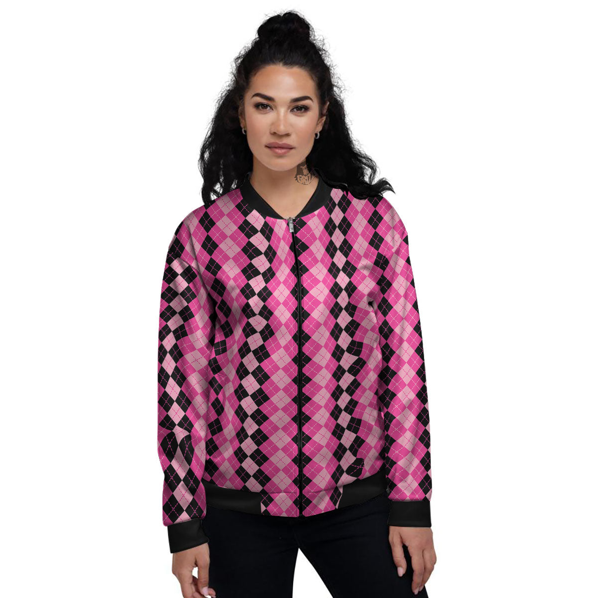 Argyle Pink And Black Print Pattern Women's Bomber Jacket-grizzshop