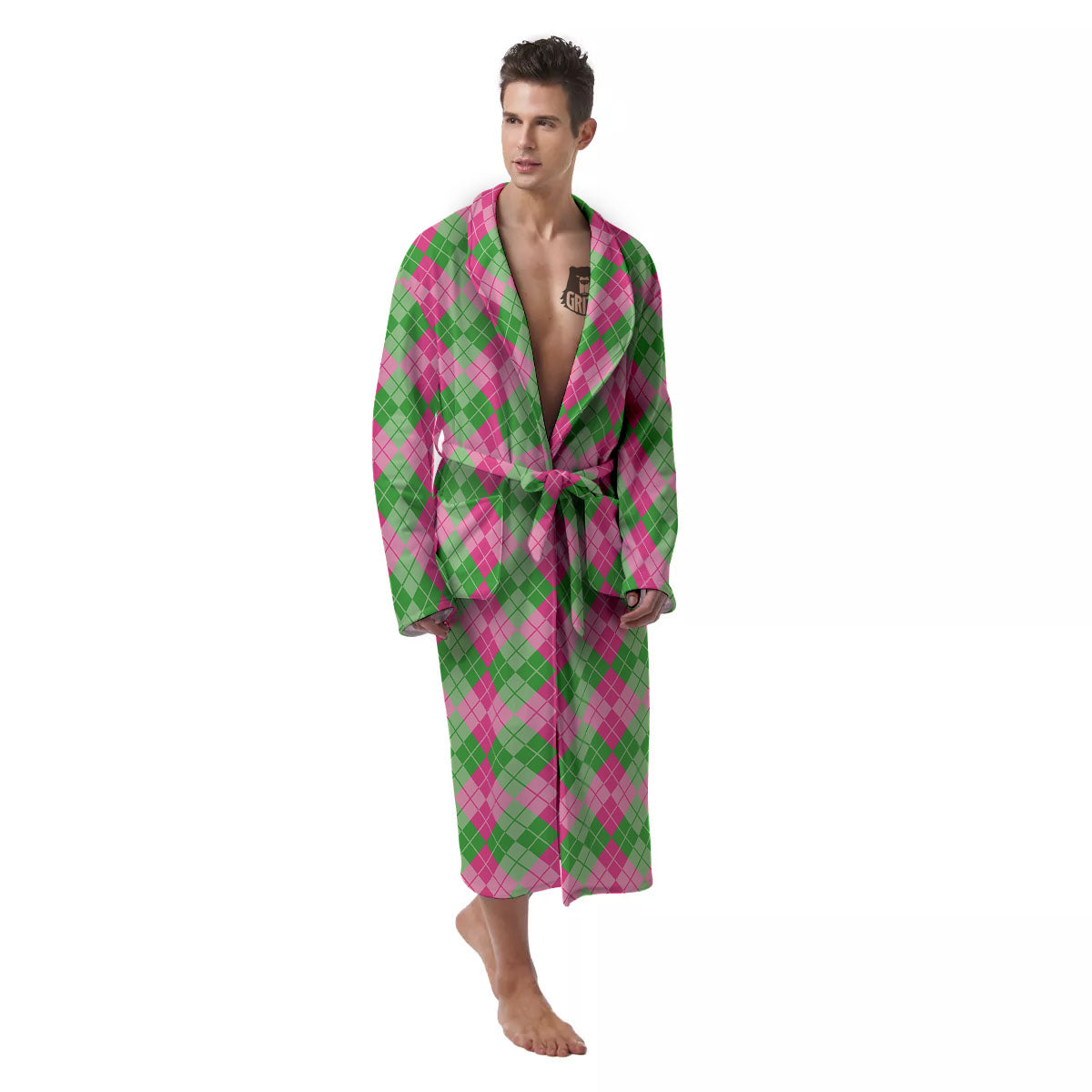 Argyle Pink And Green Print Pattern Men's Robe-grizzshop