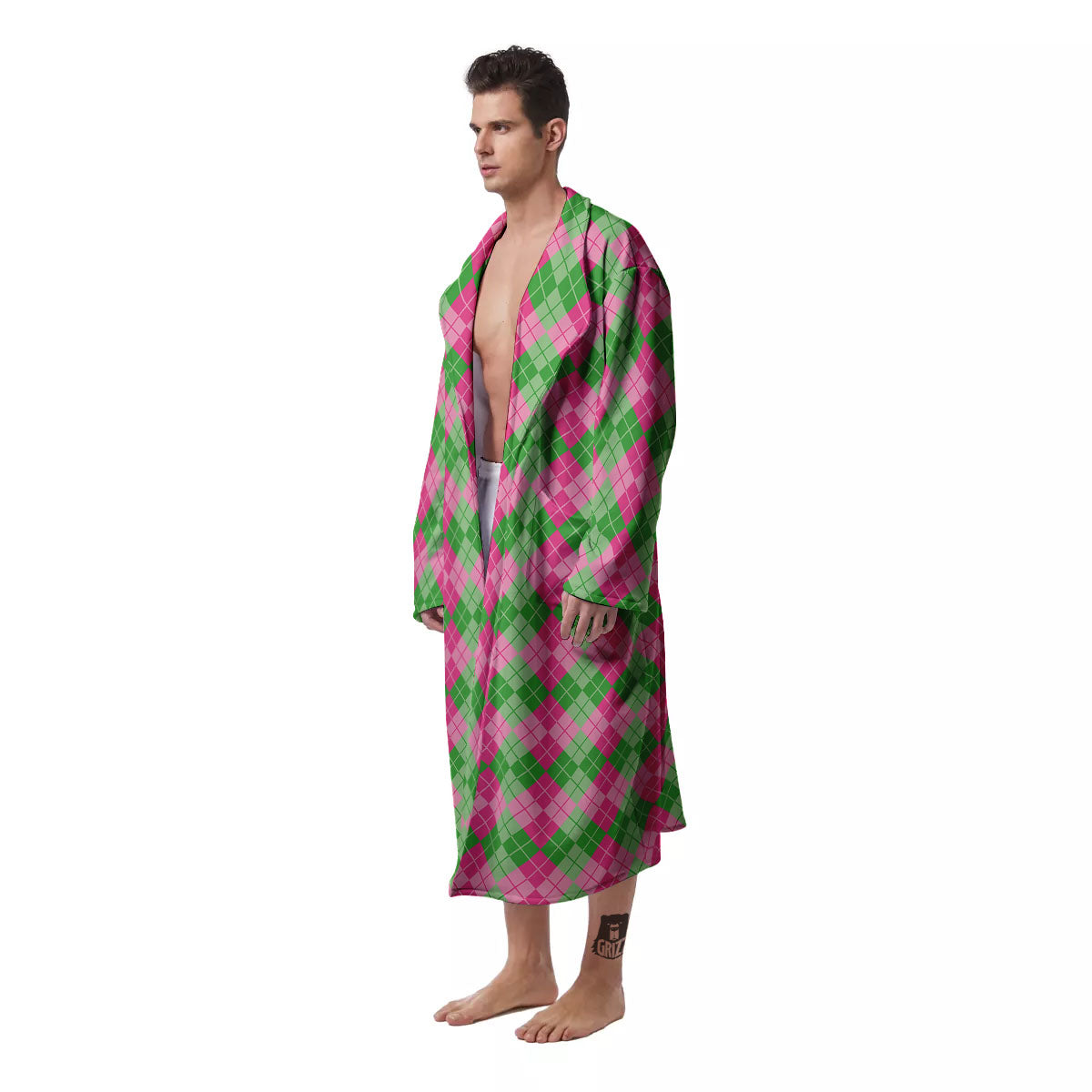 Argyle Pink And Green Print Pattern Men's Robe-grizzshop