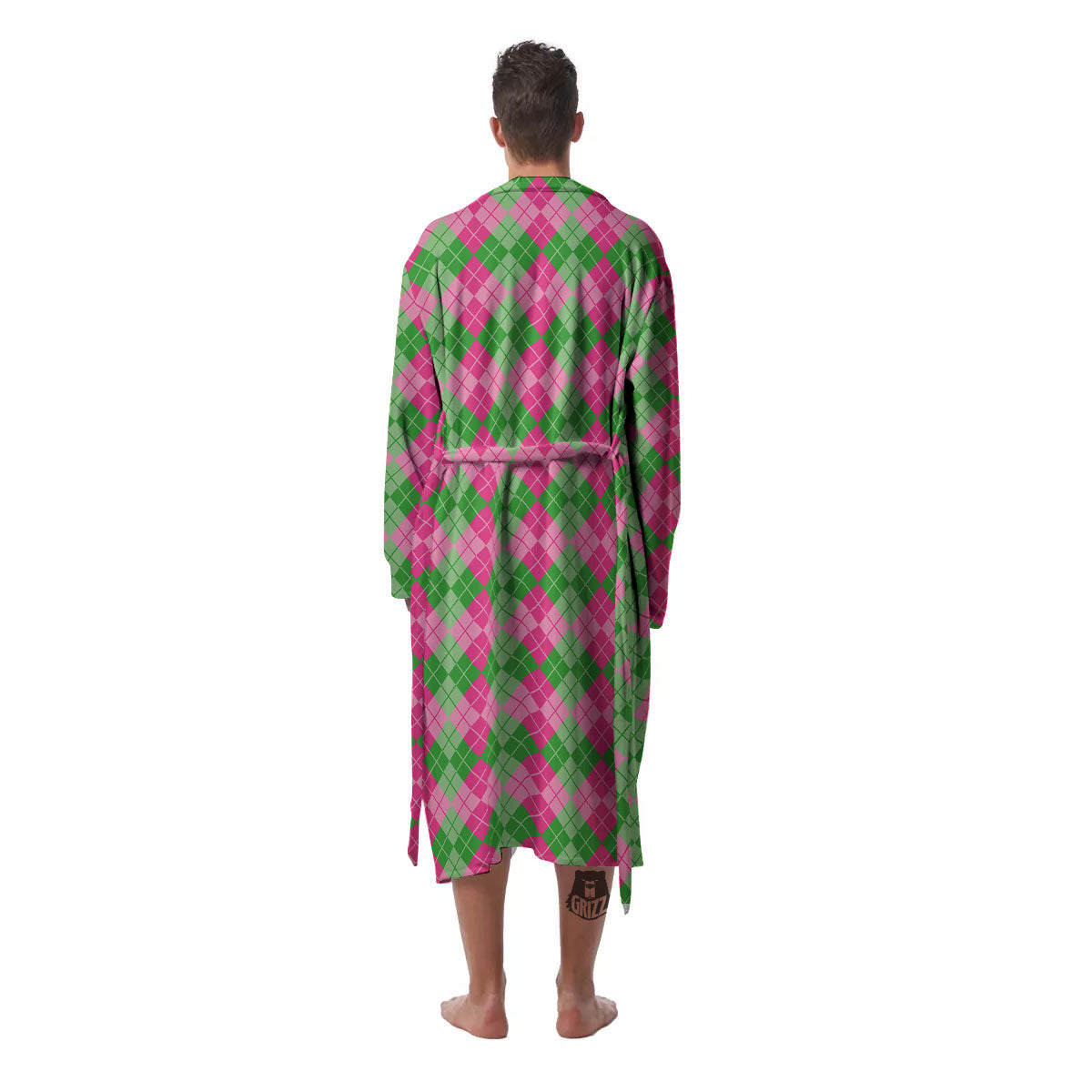 Argyle Pink And Green Print Pattern Men's Robe-grizzshop