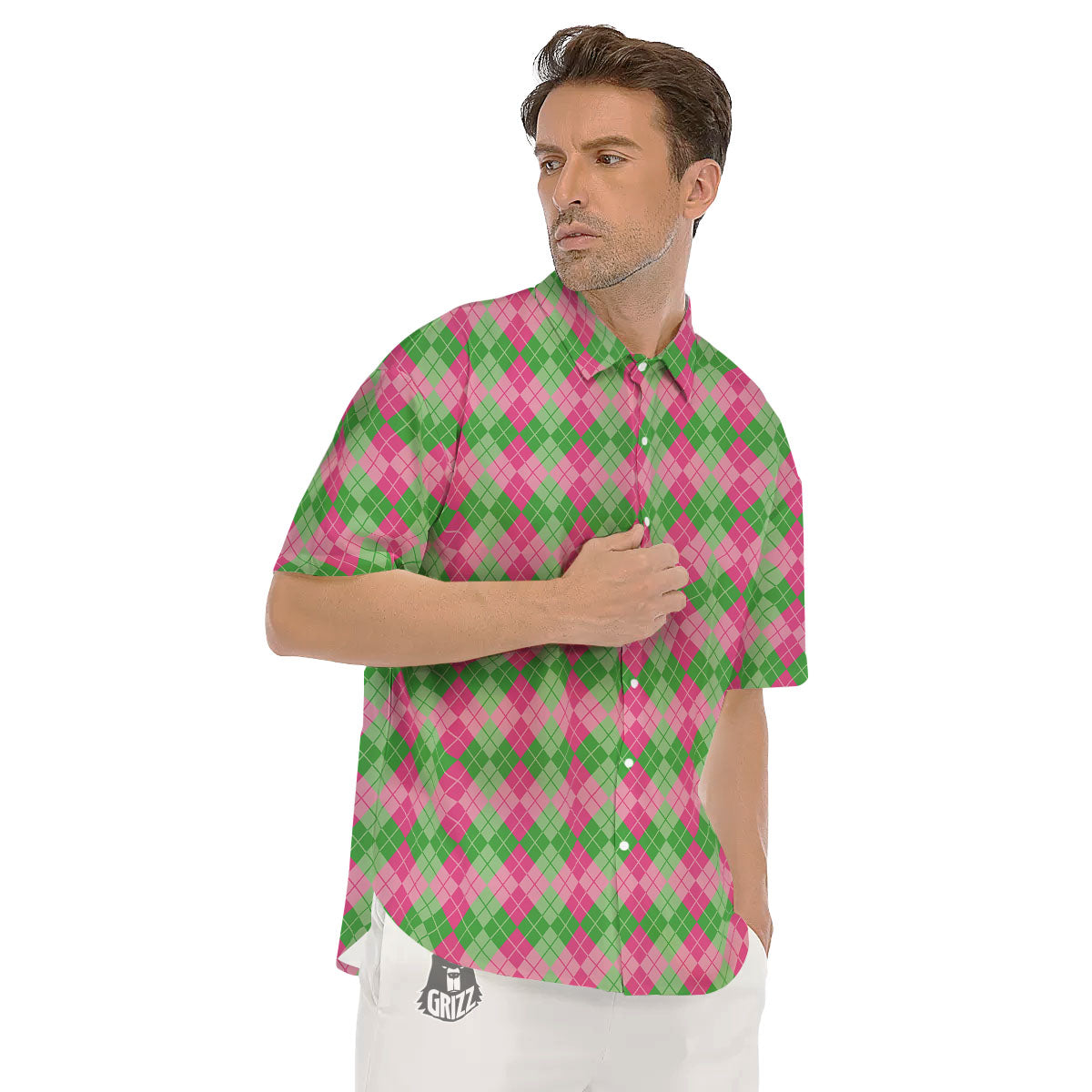 Argyle Pink And Green Print Pattern Men's Short Sleeve Shirts-grizzshop