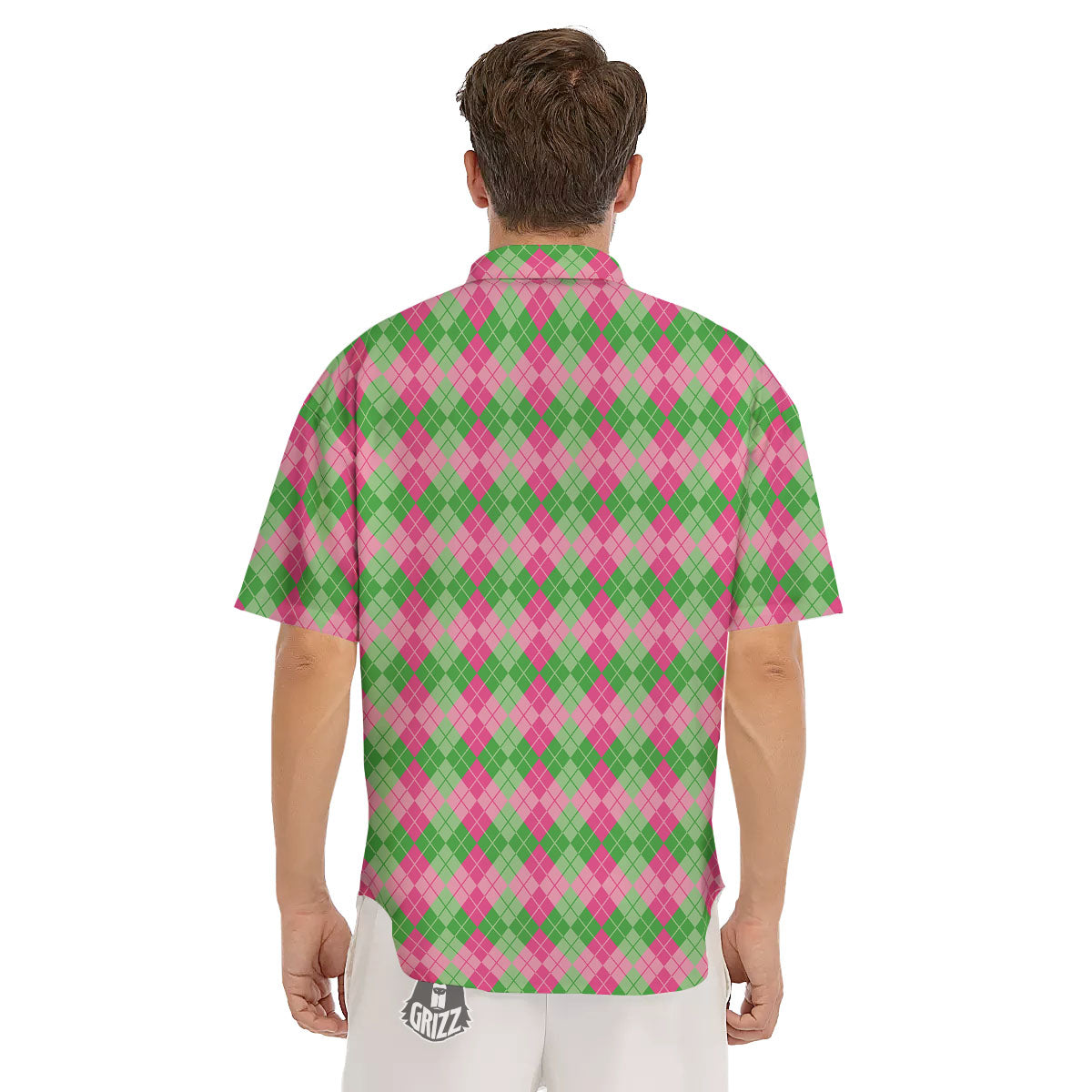 Argyle Pink And Green Print Pattern Men's Short Sleeve Shirts-grizzshop