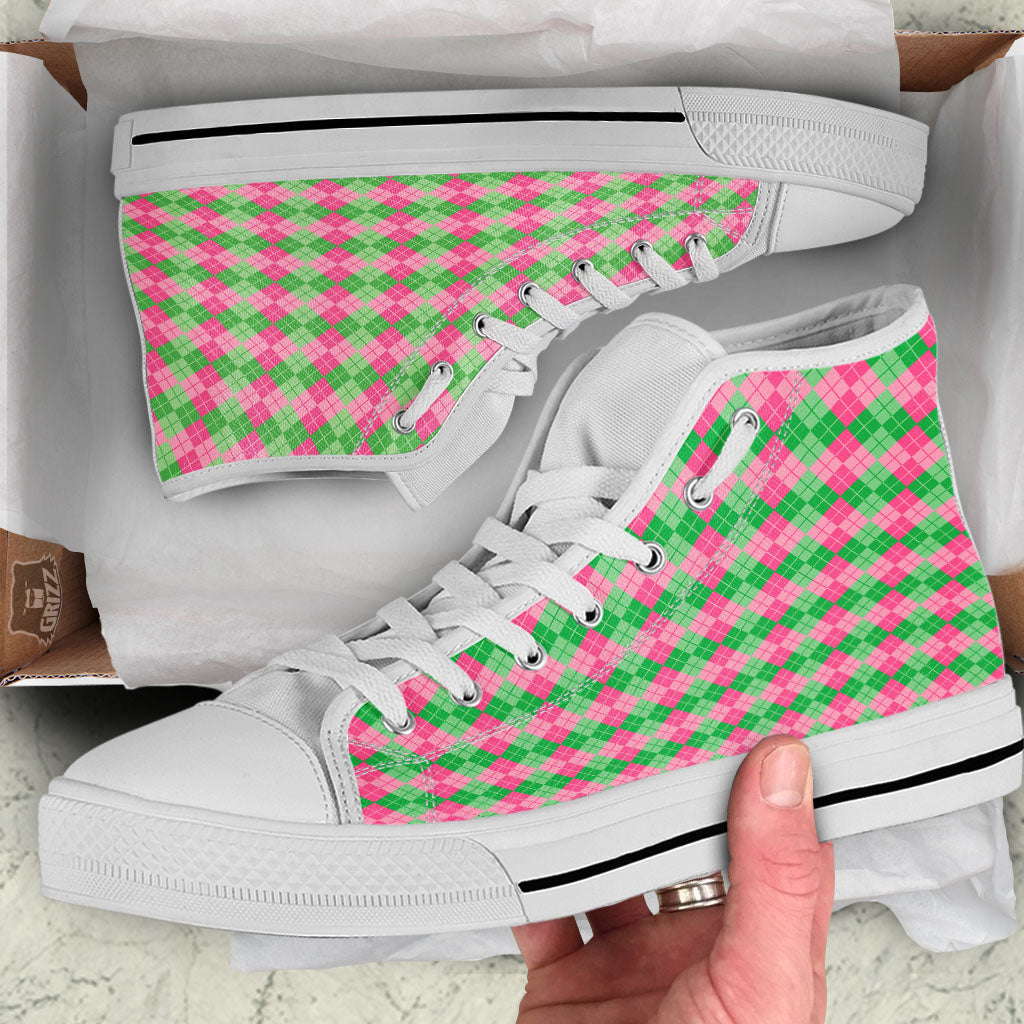 Argyle Pink And Green Print Pattern White High Top Shoes-grizzshop