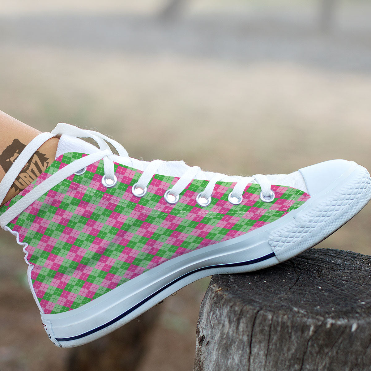 Argyle Pink And Green Print Pattern White High Top Shoes-grizzshop