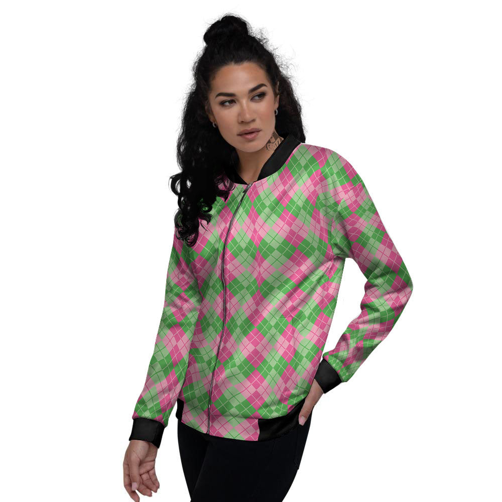 Argyle Pink And Green Print Pattern Women's Bomber Jacket-grizzshop