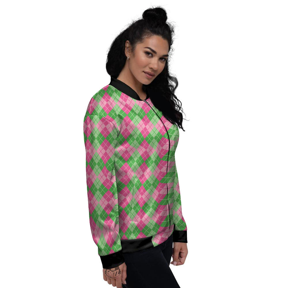 Argyle Pink And Green Print Pattern Women's Bomber Jacket-grizzshop
