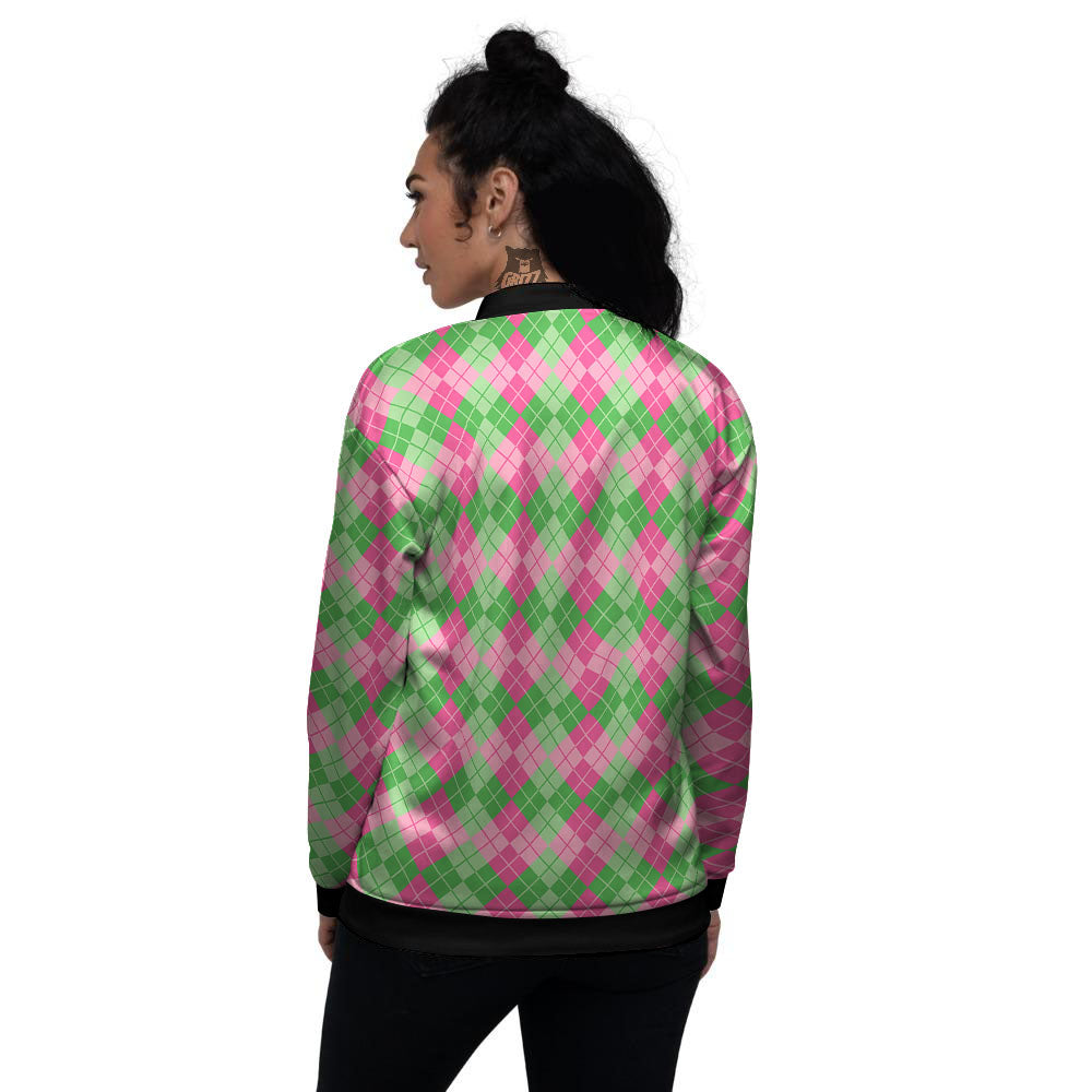 Argyle Pink And Green Print Pattern Women's Bomber Jacket-grizzshop
