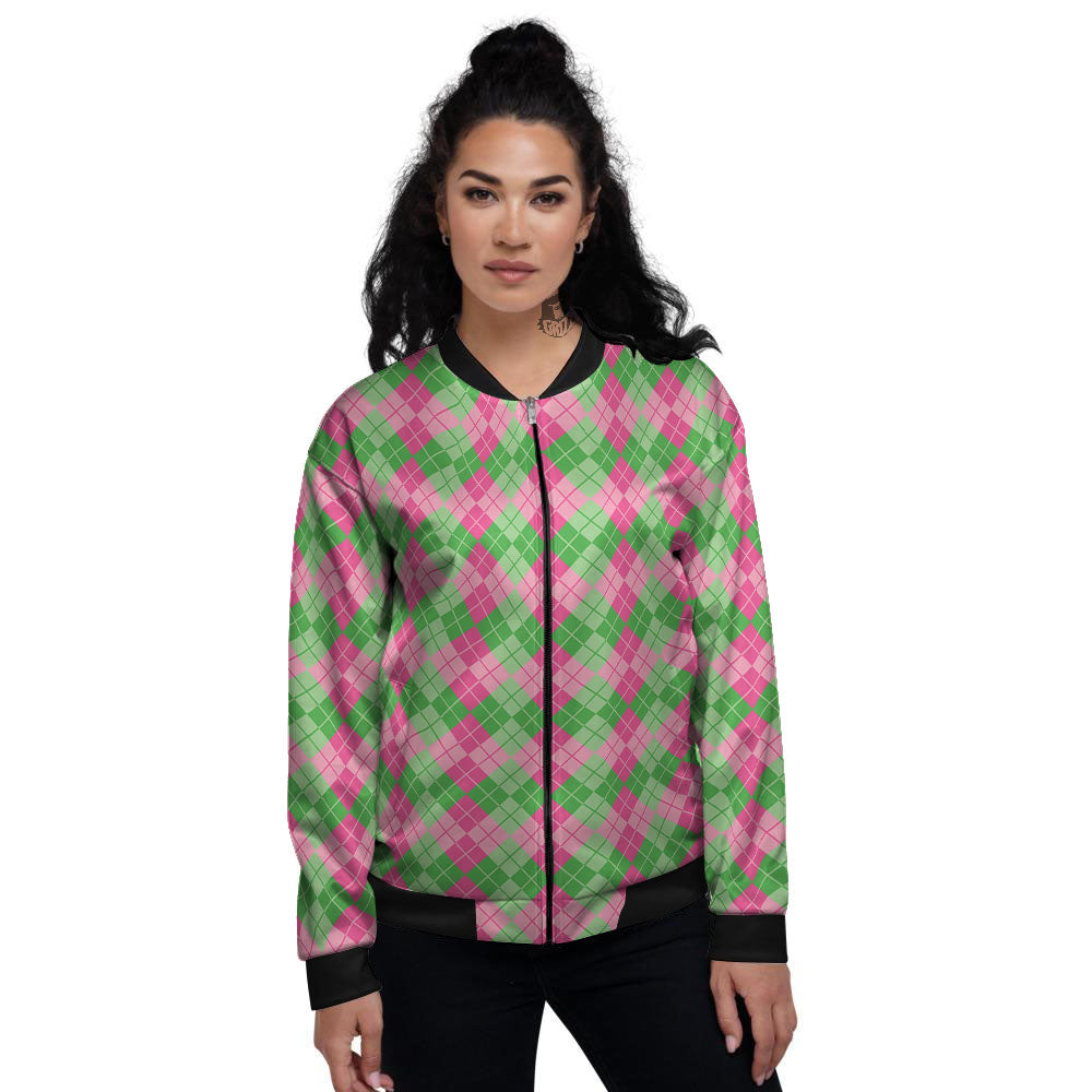 Argyle Pink And Green Print Pattern Women's Bomber Jacket-grizzshop