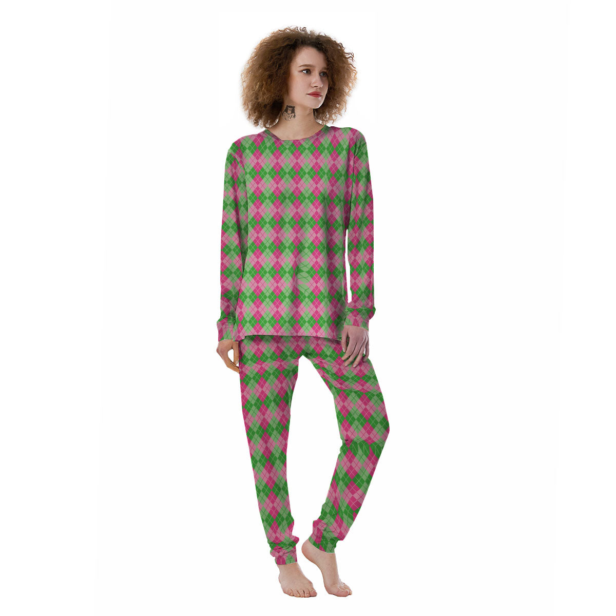 Argyle Pink And Green Print Pattern Women's Pajamas-grizzshop