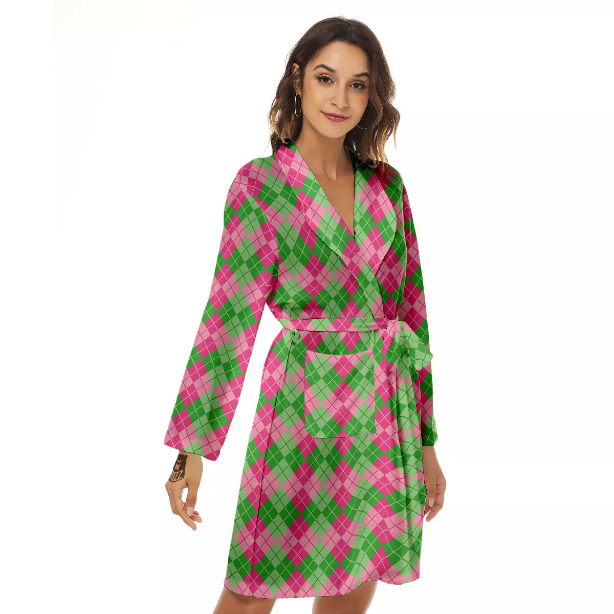 Argyle Pink And Green Print Pattern Women's Robe-grizzshop
