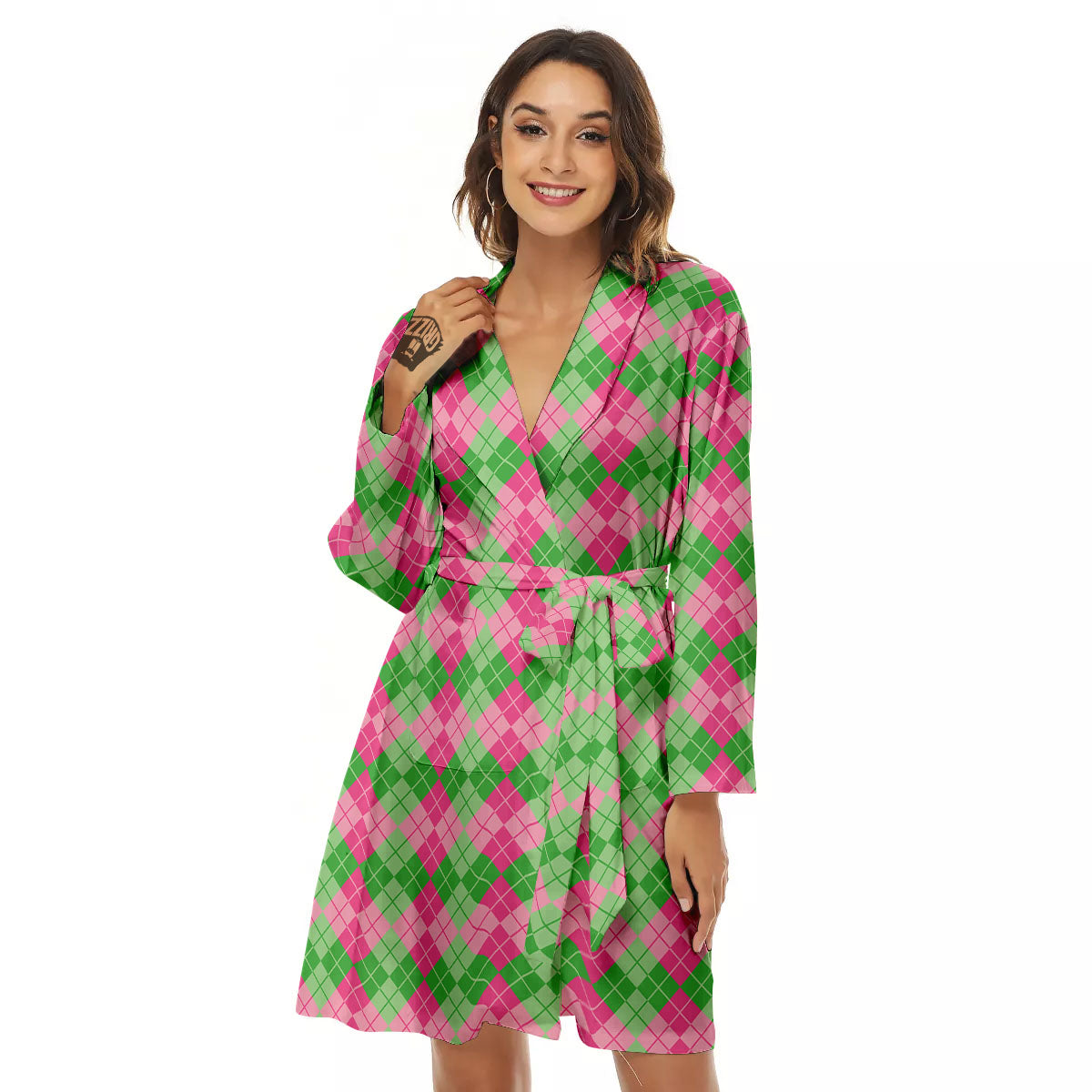 Argyle Pink And Green Print Pattern Women's Robe-grizzshop