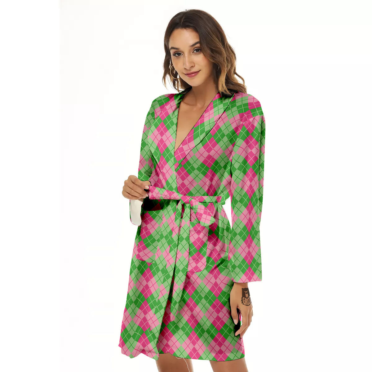 Argyle Pink And Green Print Pattern Women's Robe-grizzshop