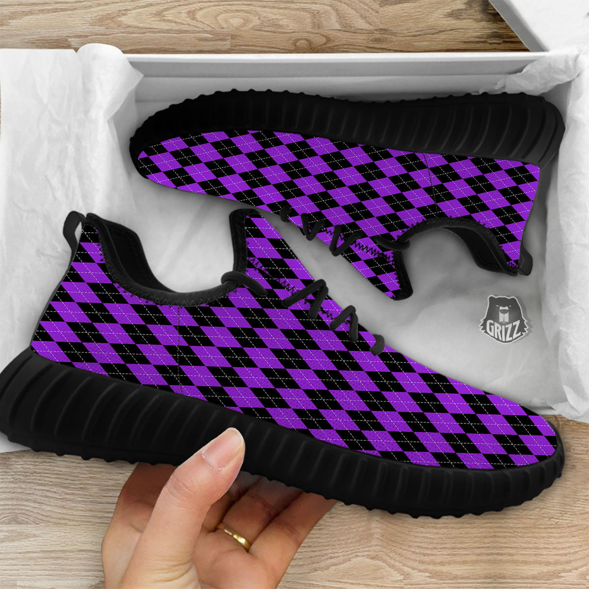 Argyle Purple And Black Print Pattern Black Walking Shoes-grizzshop