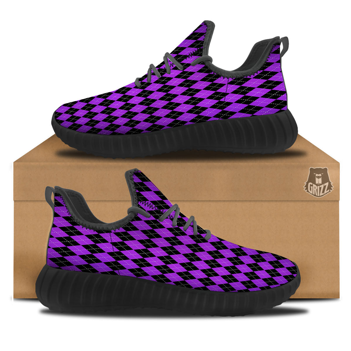 Argyle Purple And Black Print Pattern Black Walking Shoes-grizzshop