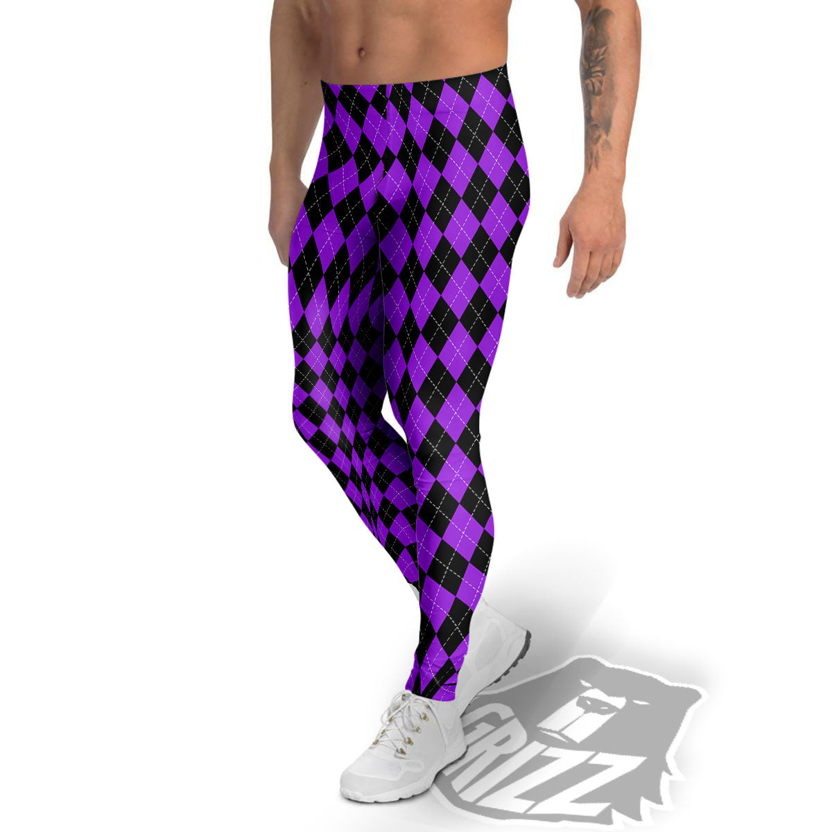 Argyle Purple And Black Print Pattern Men's Leggings-grizzshop
