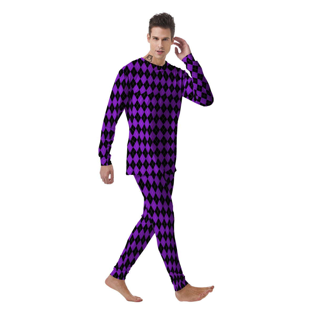 Argyle Purple And Black Print Pattern Men's Pajamas-grizzshop