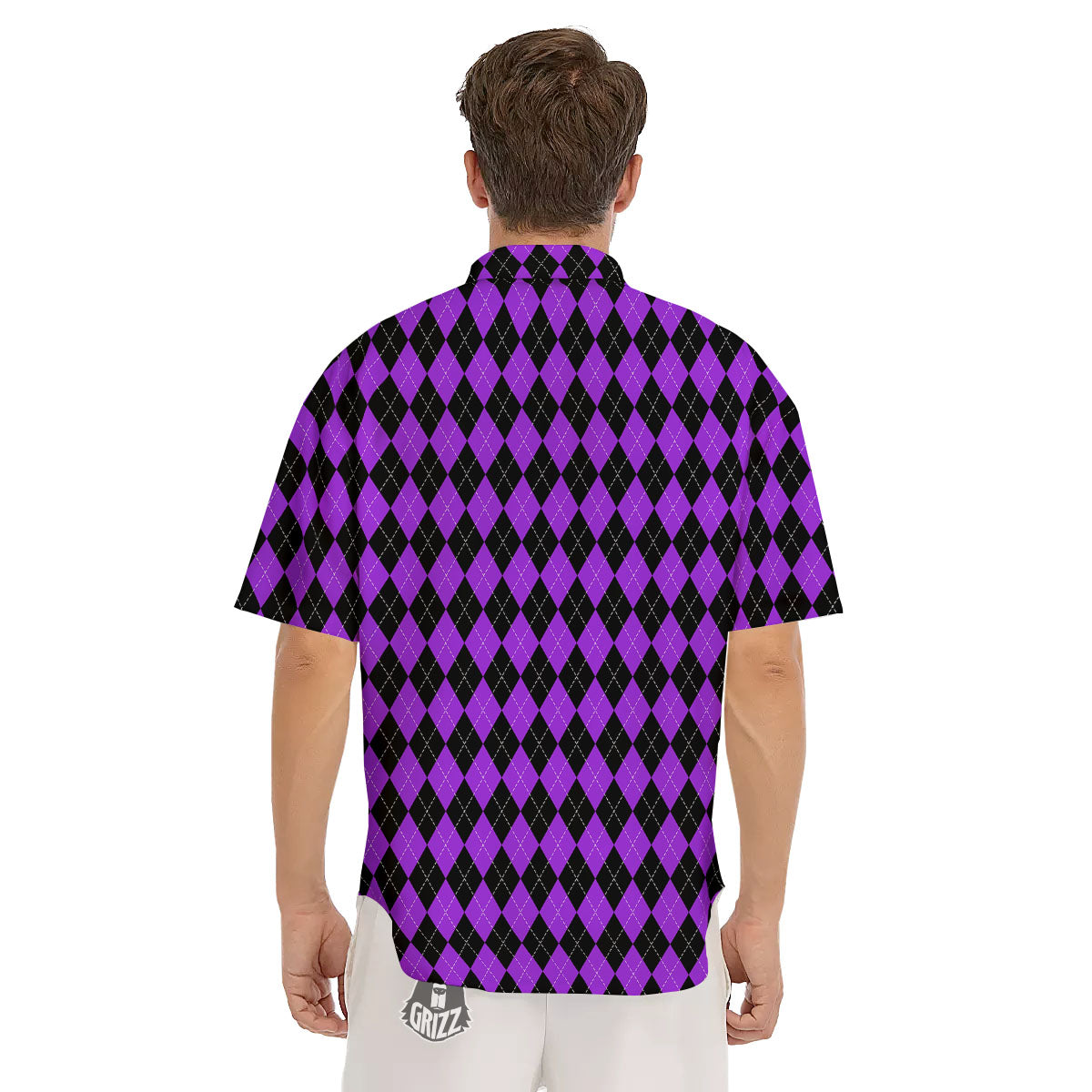 Argyle Purple And Black Print Pattern Men's Short Sleeve Shirts-grizzshop