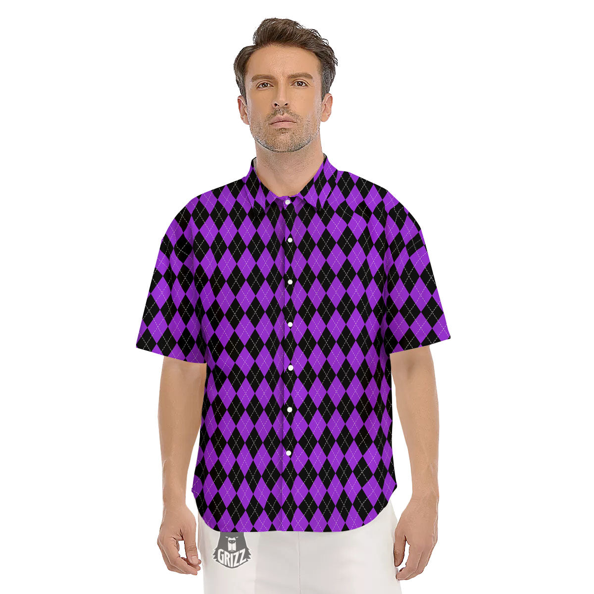 Argyle Purple And Black Print Pattern Men's Short Sleeve Shirts-grizzshop