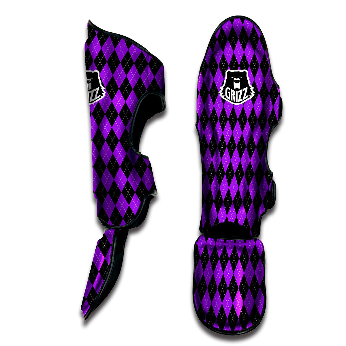 Argyle Purple And Black Print Pattern Muay Thai Shin Guards-grizzshop