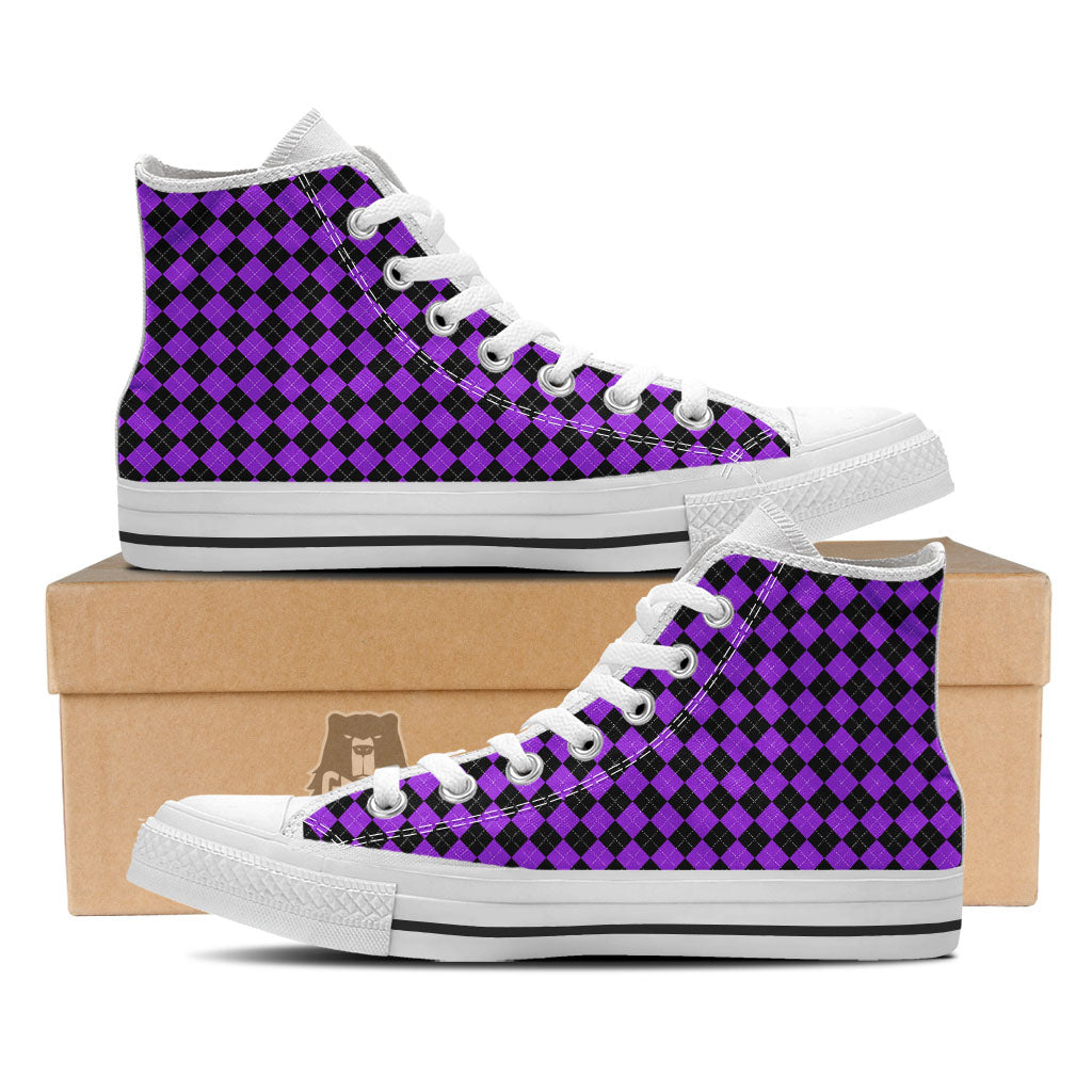 Argyle Purple And Black Print Pattern White High Top Shoes-grizzshop