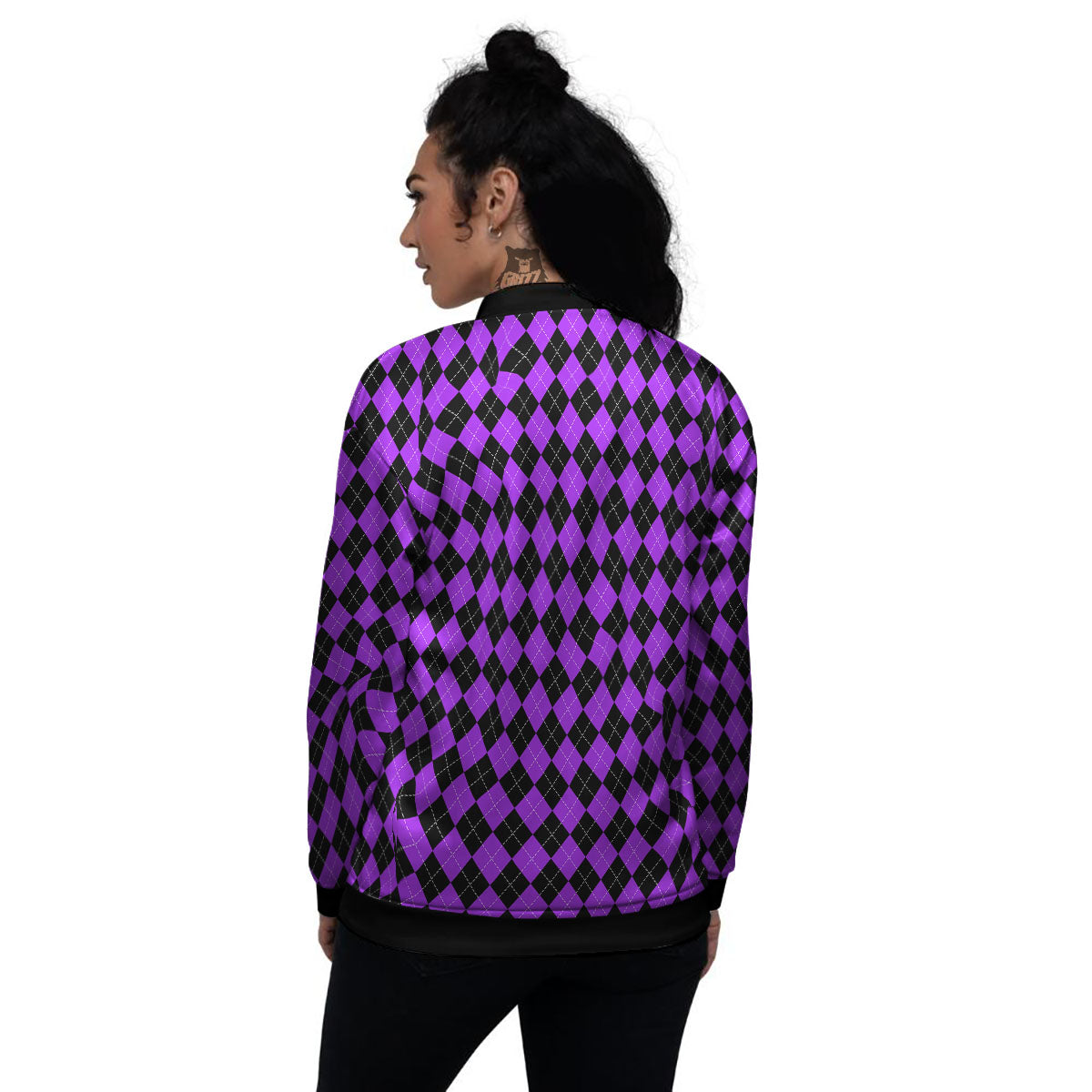 Argyle Purple And Black Print Pattern Women's Bomber Jacket-grizzshop