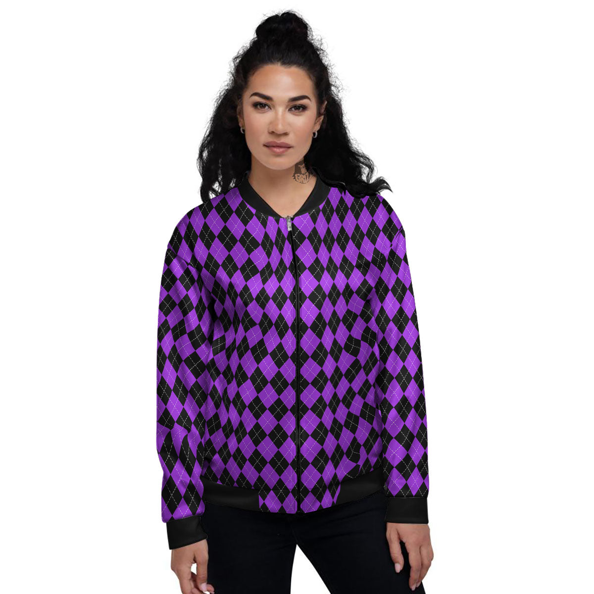 Argyle Purple And Black Print Pattern Women's Bomber Jacket-grizzshop
