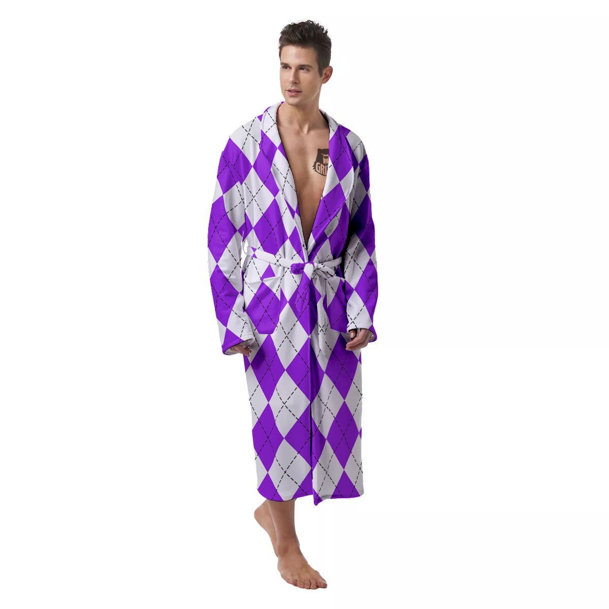 Argyle Purple And White Print Pattern Men's Robe-grizzshop