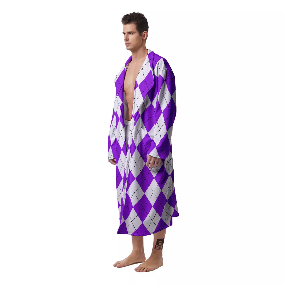 Argyle Purple And White Print Pattern Men's Robe-grizzshop