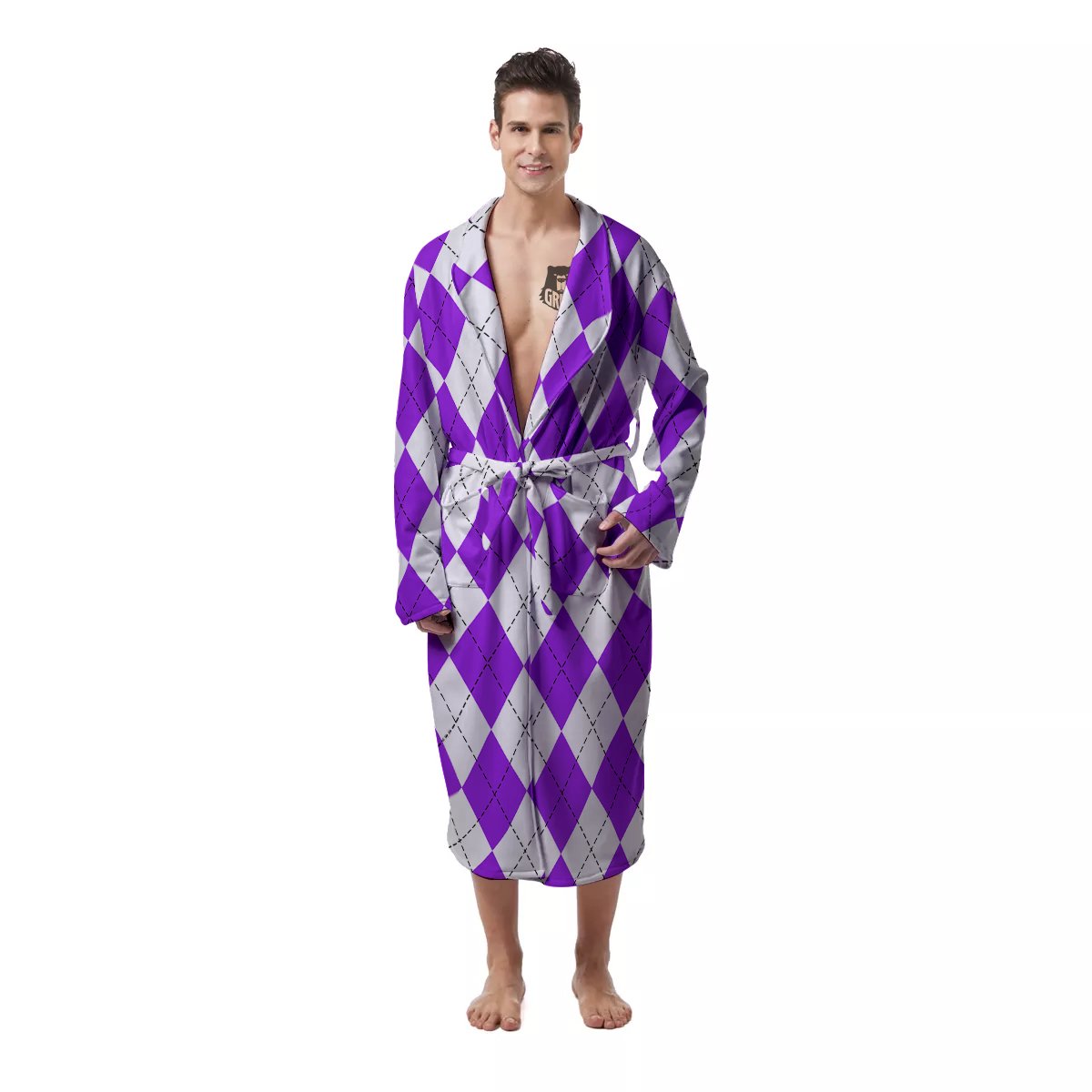 Argyle Purple And White Print Pattern Men's Robe-grizzshop