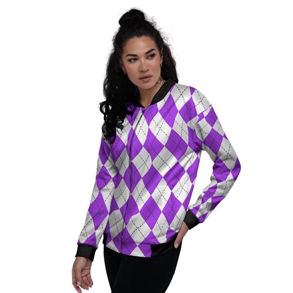 Argyle Purple And White Print Pattern Women's Bomber Jacket-grizzshop