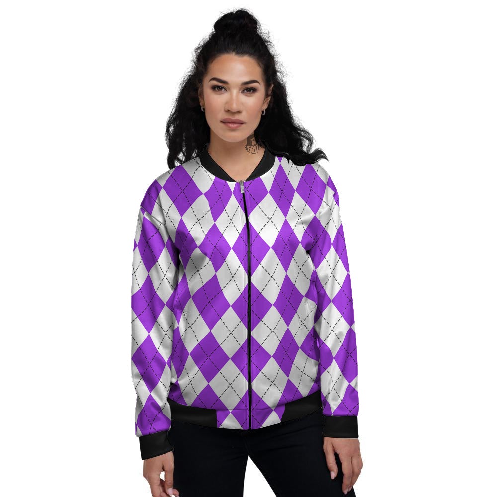 Argyle Purple And White Print Pattern Women's Bomber Jacket-grizzshop