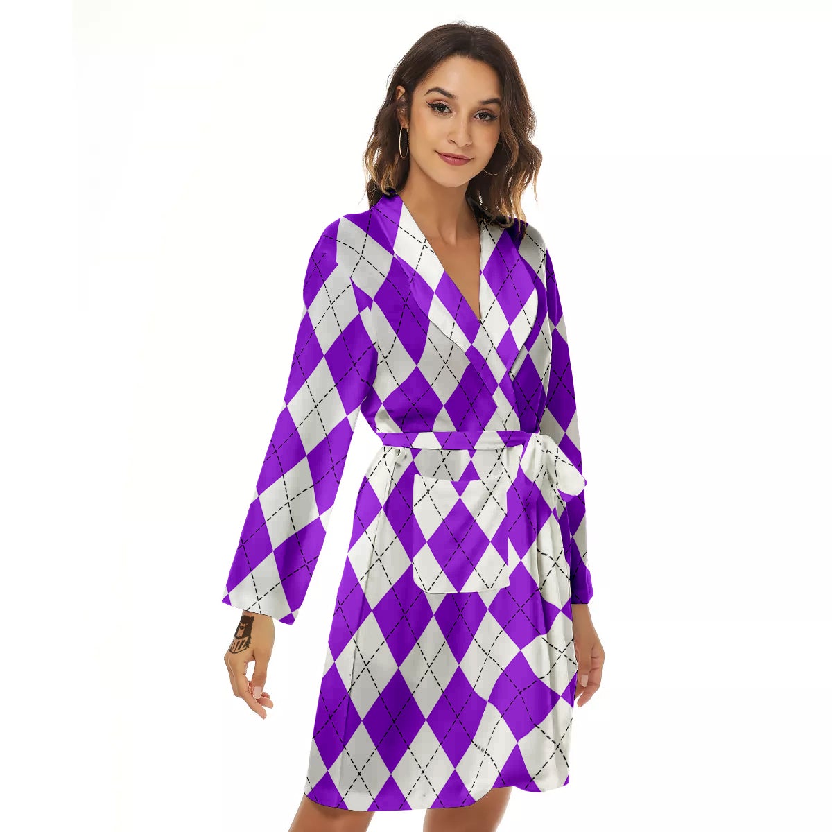 Argyle Purple And White Print Pattern Women's Robe-grizzshop