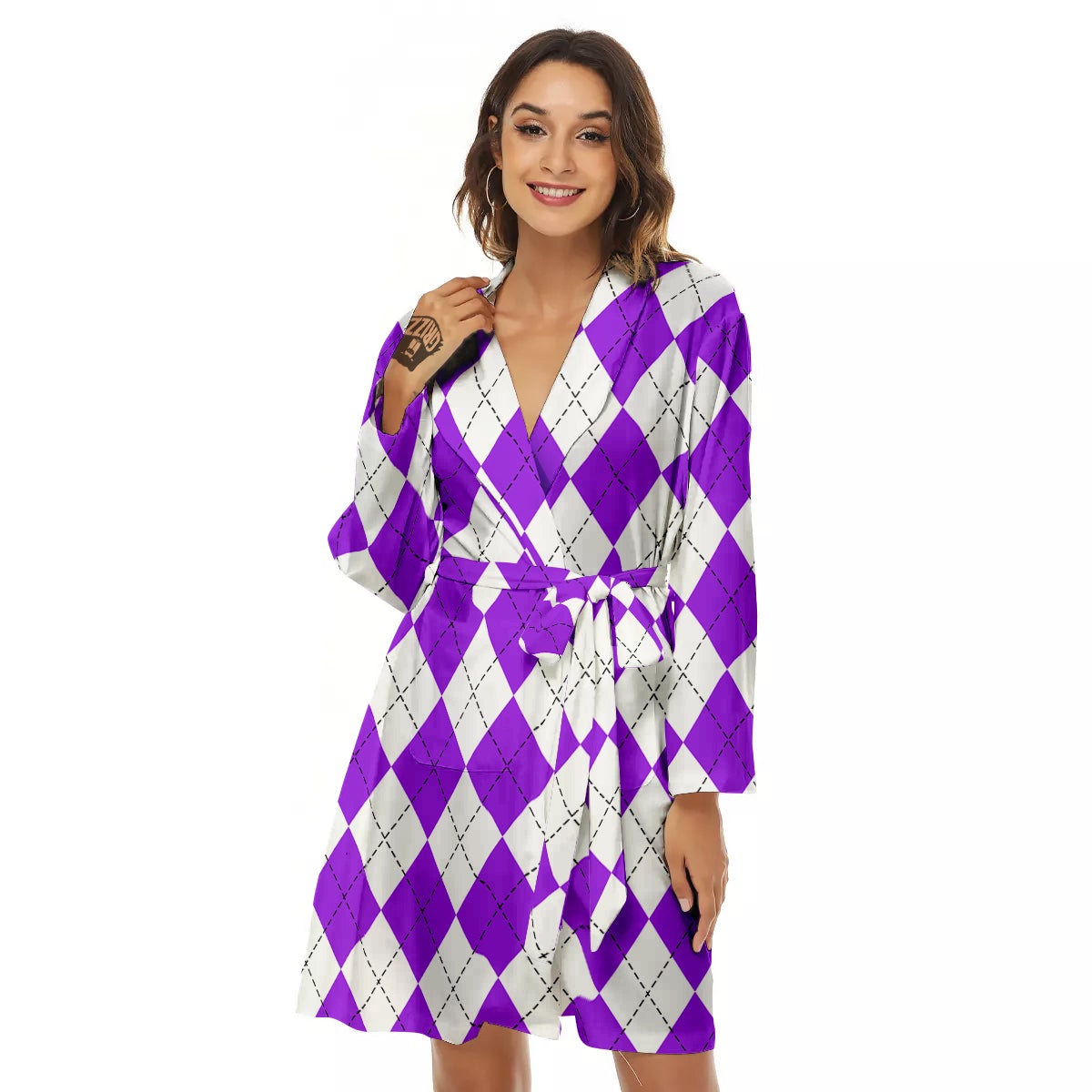 Argyle Purple And White Print Pattern Women's Robe-grizzshop