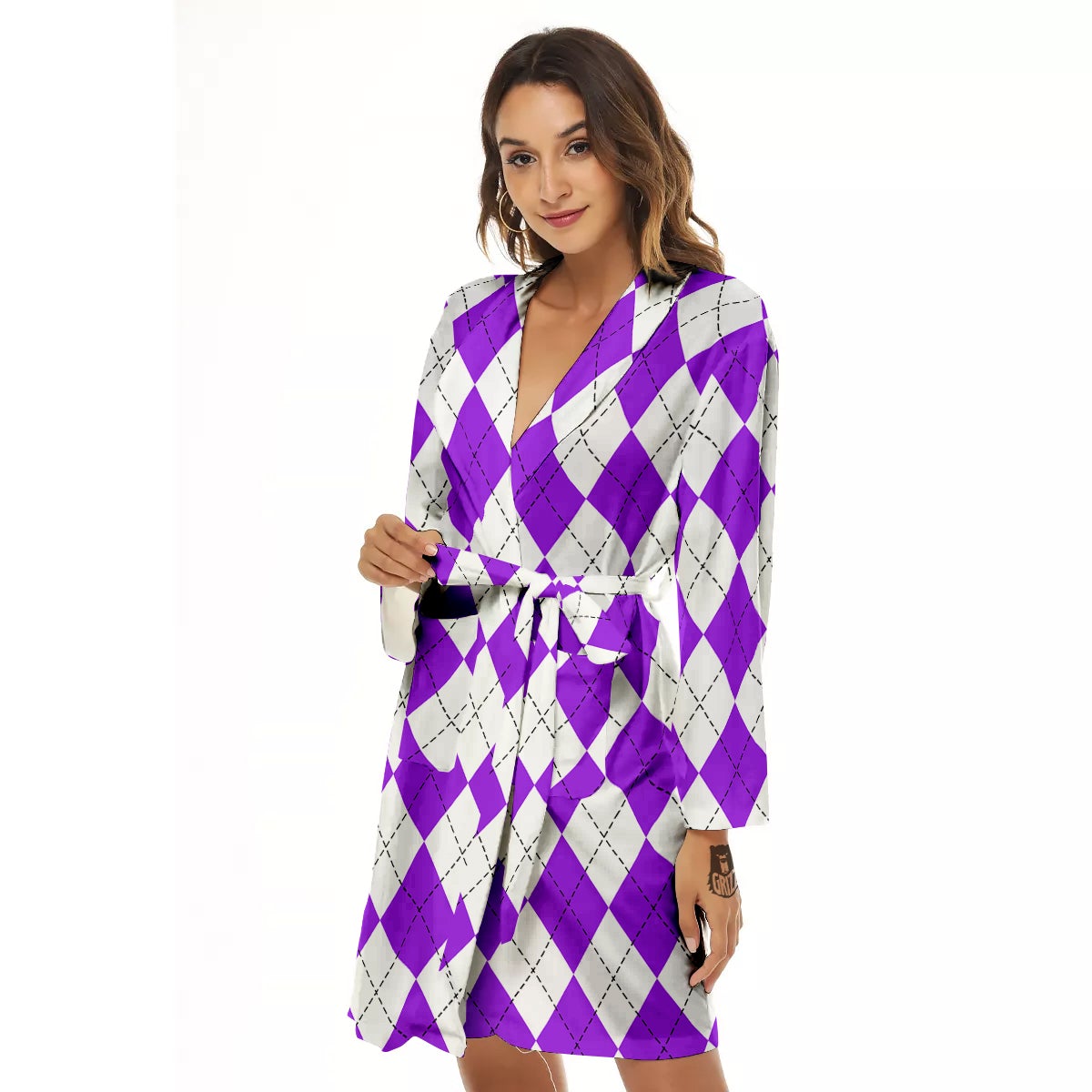 Argyle Purple And White Print Pattern Women's Robe-grizzshop