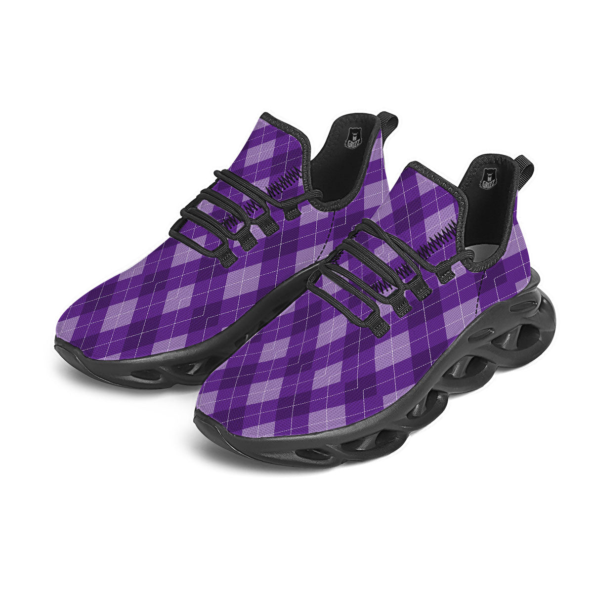 Argyle Purple Print Pattern Black Running Shoes-grizzshop