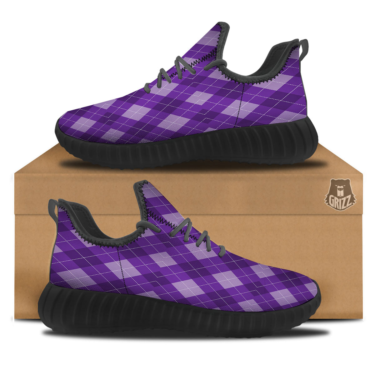 Argyle Purple Print Pattern Black Walking Shoes-grizzshop