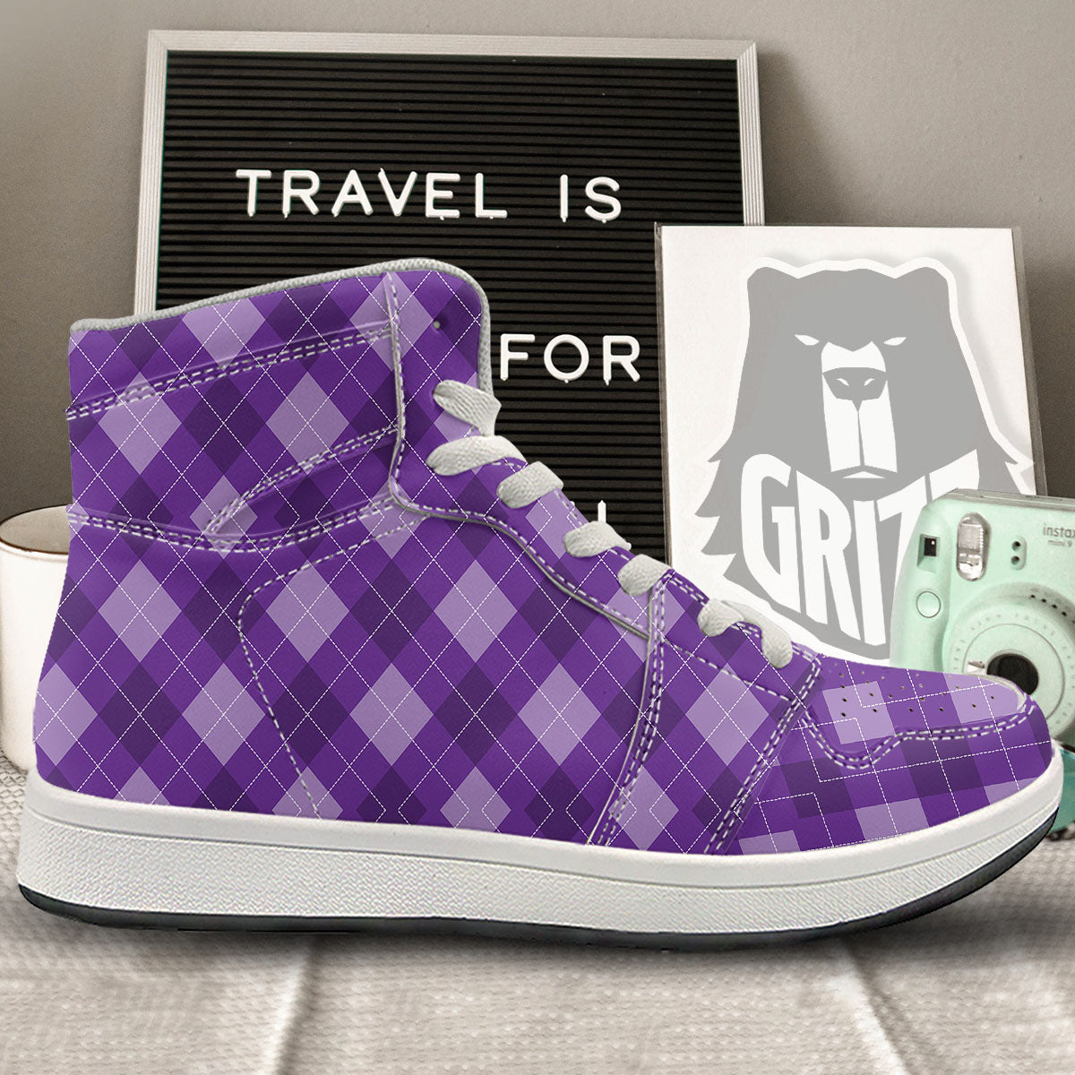 Argyle Purple Print Pattern High Top Sneakers-grizzshop
