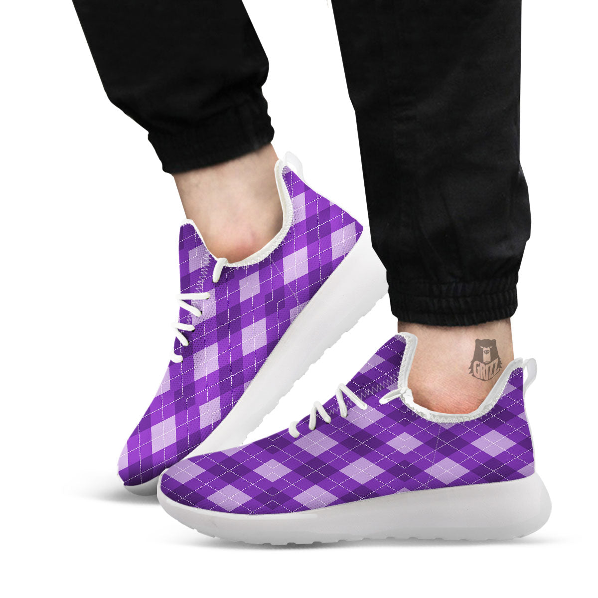 Argyle Purple Print Pattern White Athletic Shoes-grizzshop