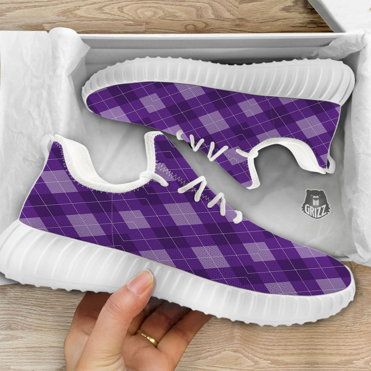 Argyle Purple Print Pattern White Walking Shoes-grizzshop