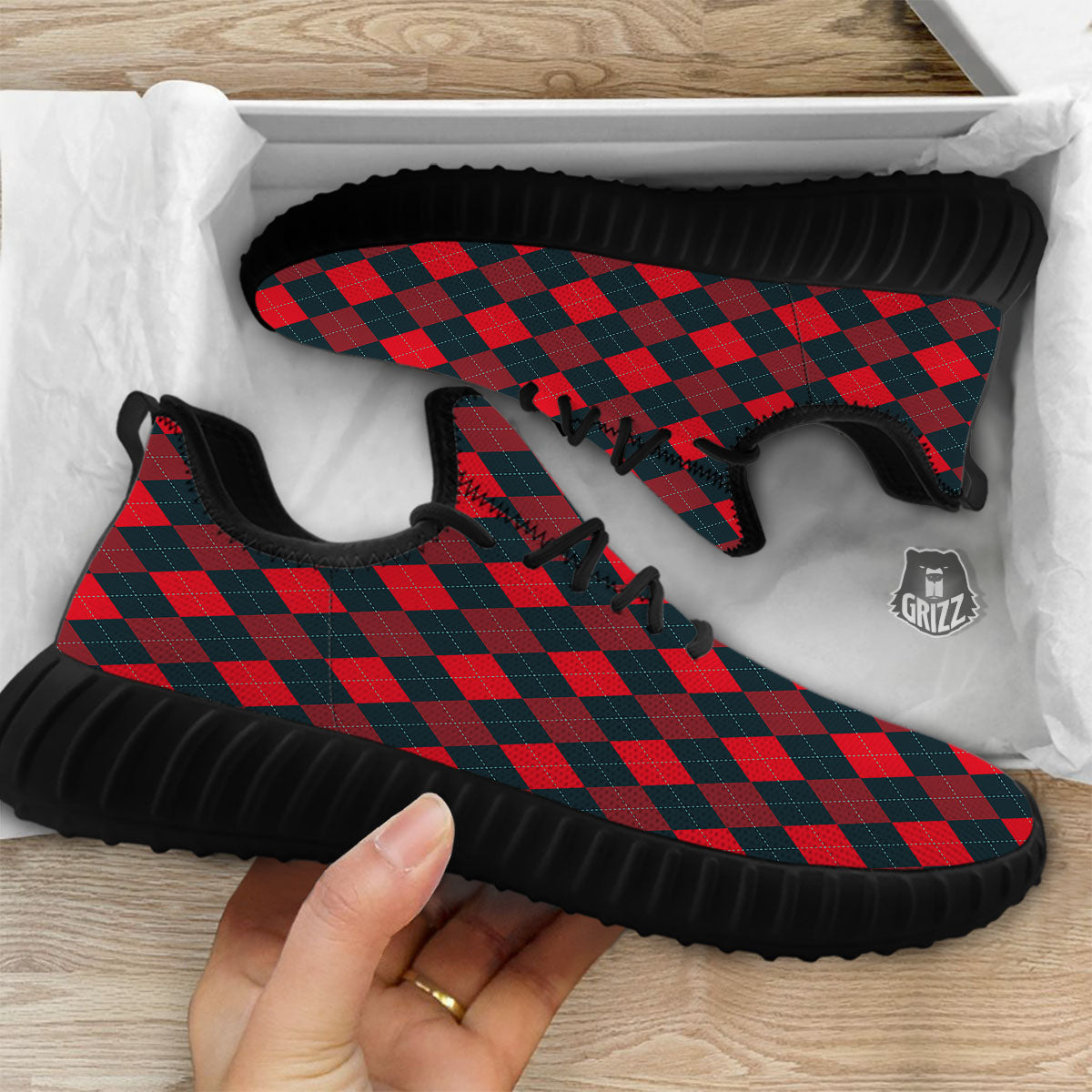 Argyle Red And Black Print Pattern Black Walking Shoes-grizzshop