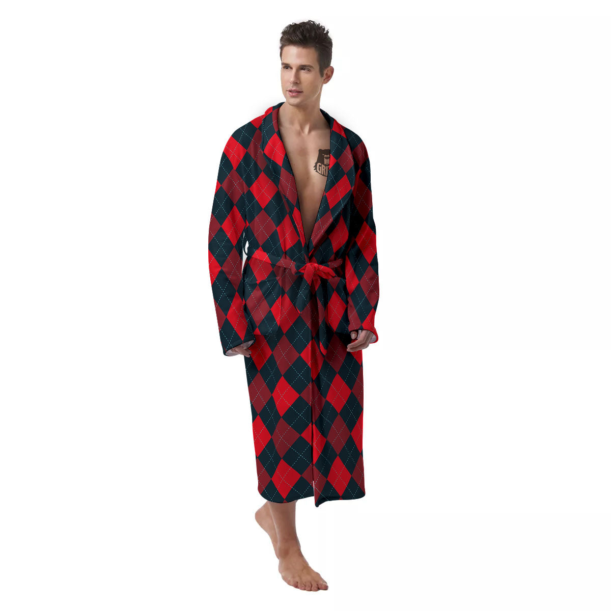 Argyle Red And Black Print Pattern Men's Robe-grizzshop